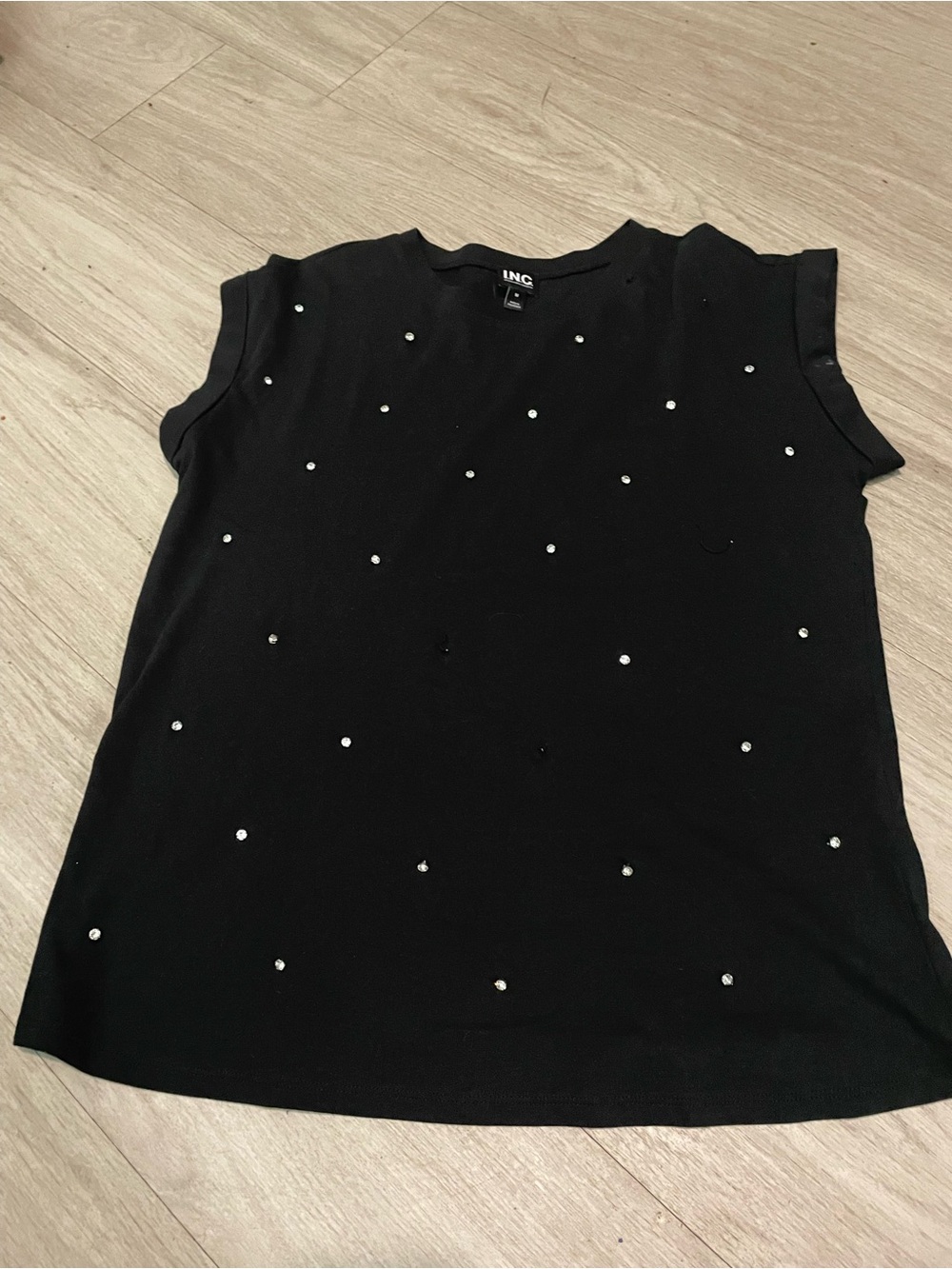 INC International Concepts Black Cap-Sleeve Top with Crystal Studs